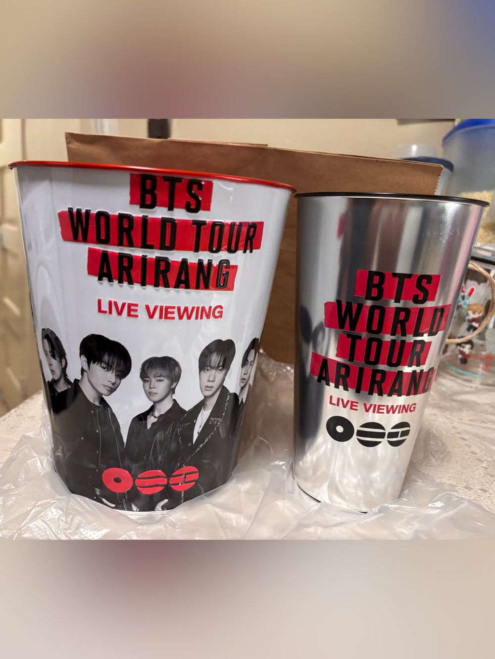 BTS World Tour Arirang Live Viewing Popcorn Bucket and Cup RARE SILVER VARIANT!